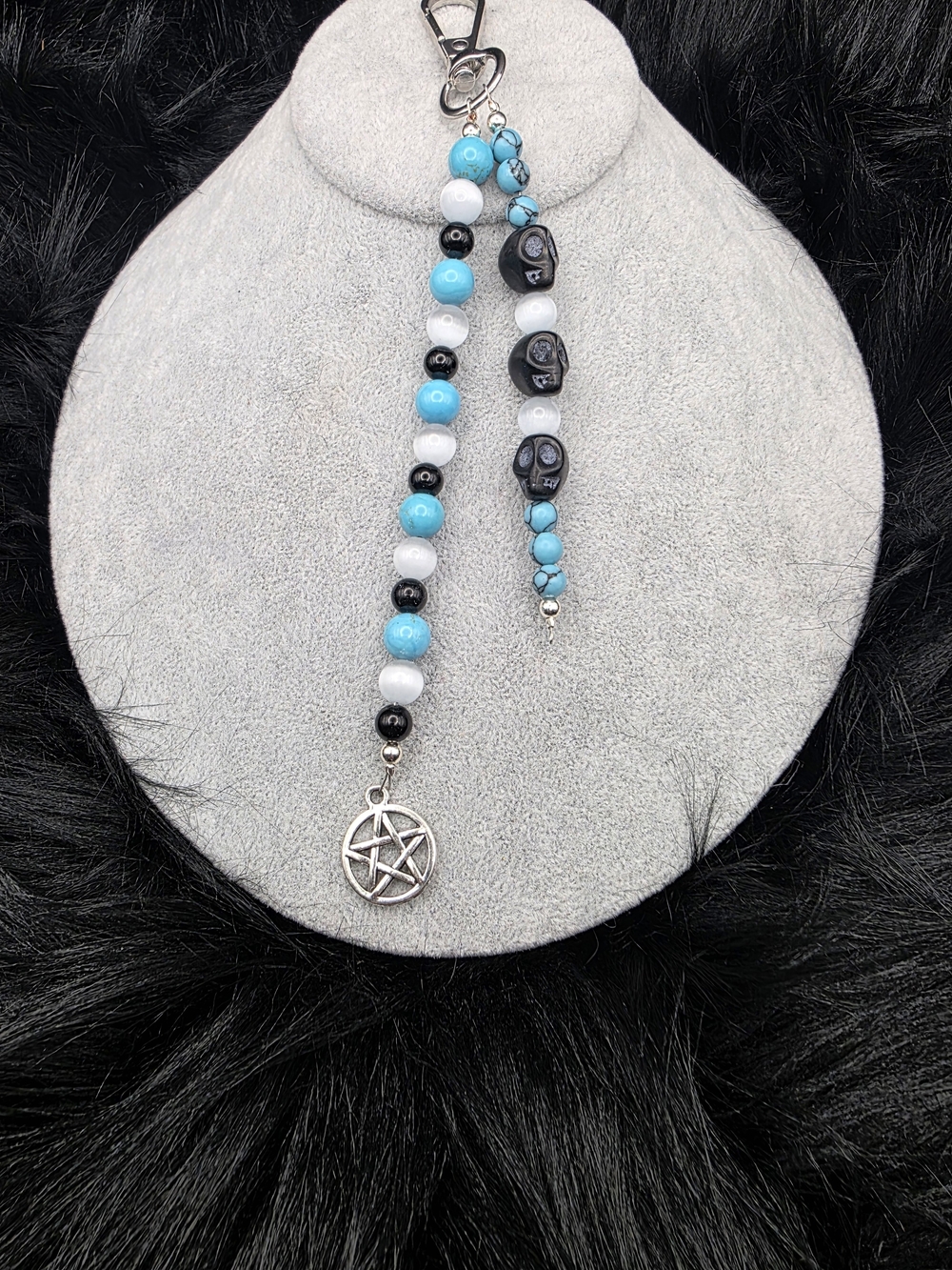 Turquoise & Black Beaded Bag Charm with Silver Pentagram Charm